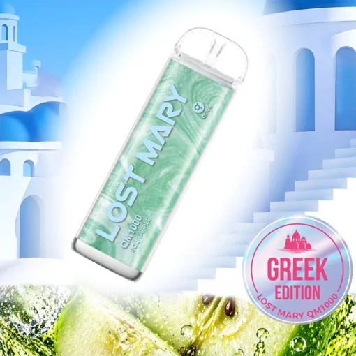 Οπτική απεικόνιση της συσκευής μιας χρήσης με 1000 τζούρες της Lost Mary με γεύση Sour Apple